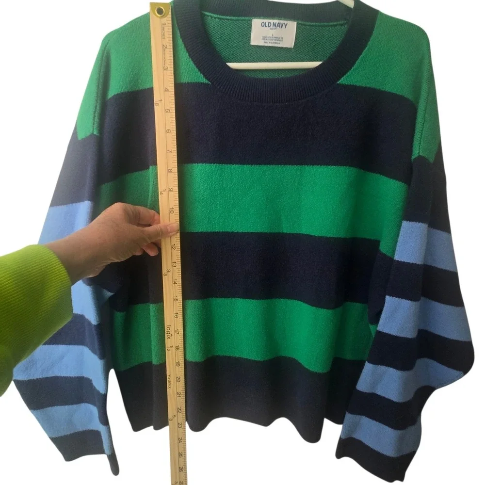 Old Navy SoSoft Mens L Green Navy Striped Crewneck Sweater Relaxed Preppy